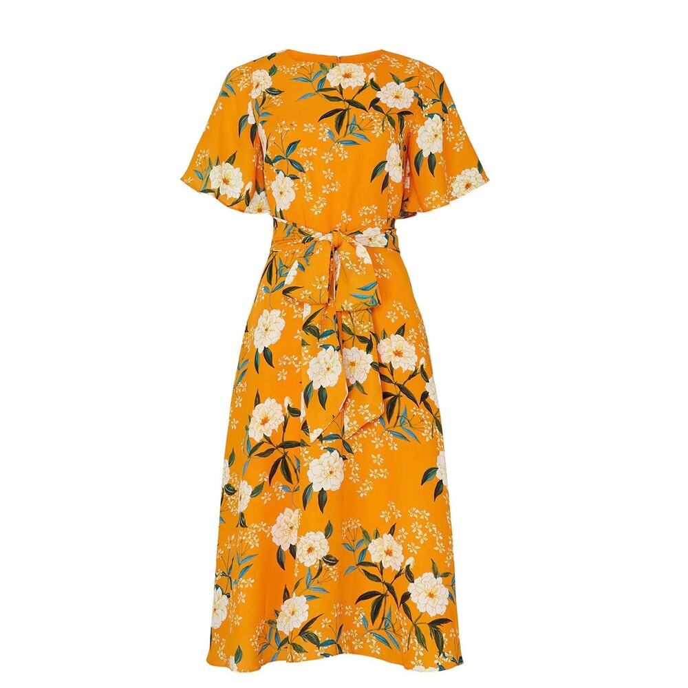 Rachel Roy Collection Goldenrod Floral Midi Dress Tie Waist Womens Small